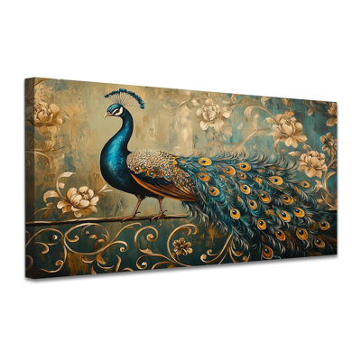 Grand grand paon rétro, art mural pour salon, encadré, photos de paon, salle de bain, belles fleurs et plumes prêtes à accrocher 40 po x 20 po