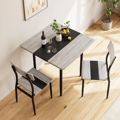 3-Piece Dining Table Set for 2 with Chairs, Space-Saving Kitchen Table with Metal Frame & MDF Board, Two-Tone Spliced Design