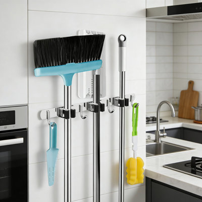 Broom And Mop Wall Hanger: Heavy Duty 3-Rack And 4-Hook Stainless Steel Organizer