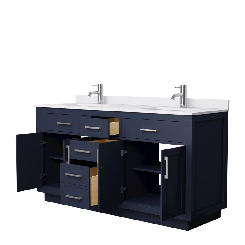 Beckett TK 66'' W Double Vanity, Dark Blue, Brushed Nickel, White Cultured Marble