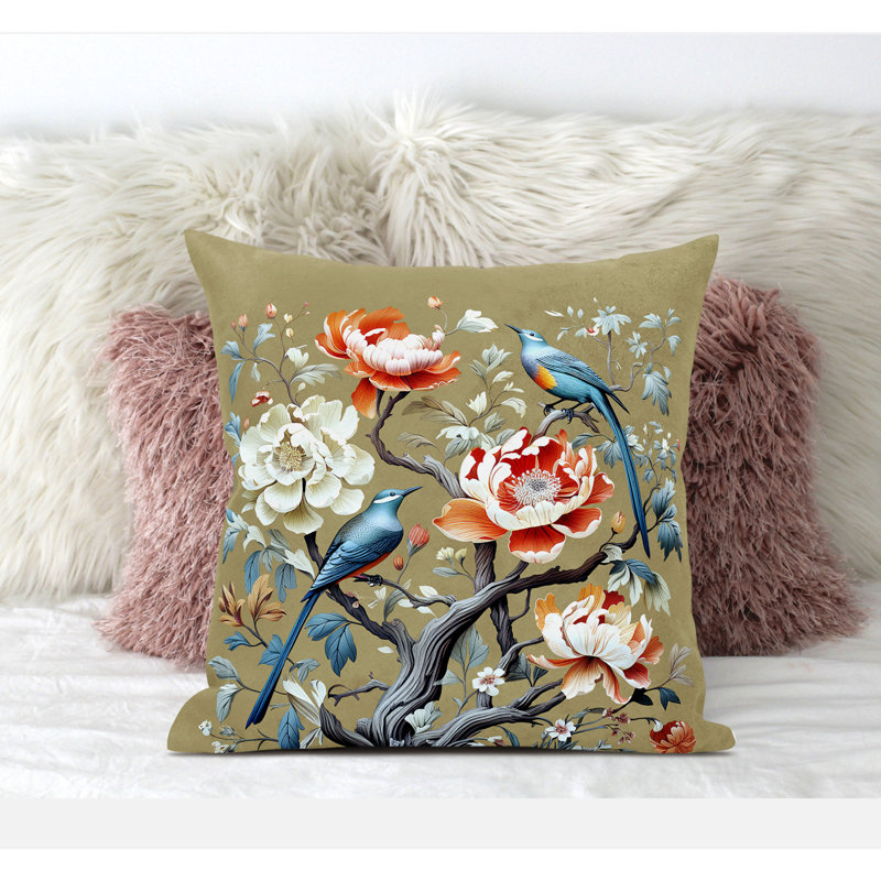 Botanical Bird Reversible Square Throw Pillow in Blue and Orange