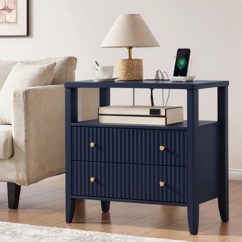 27'' Fluted Nightstand with Charging Station, 2-Drawer Bedside Table with Open Shelf and Solid Wood Legs, Individual, Blue