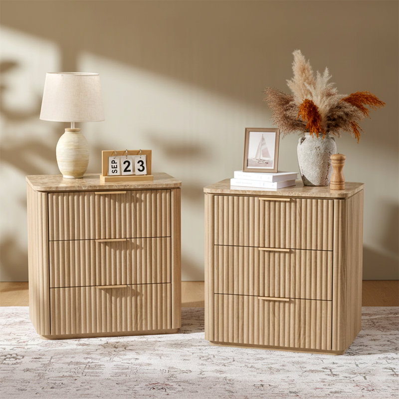 Nightstand Set of 2 with 3-Drawer, Wood Bedside Table with 1.97"-Thick Fluted Side Panels and Faux Marble Top, Set of 2