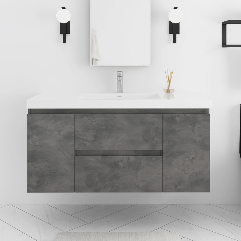 Meuble-lavabo mural simple 48 po avec plateau en résine intégré, Gris