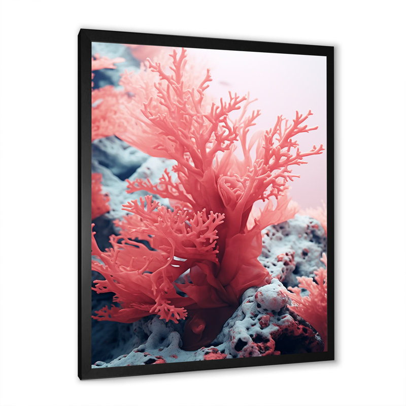 «Pink Coral And Anemones Dance II», reproduction sur toile, Cadre simple noir, H 32 po x l 16 po x P 1 po