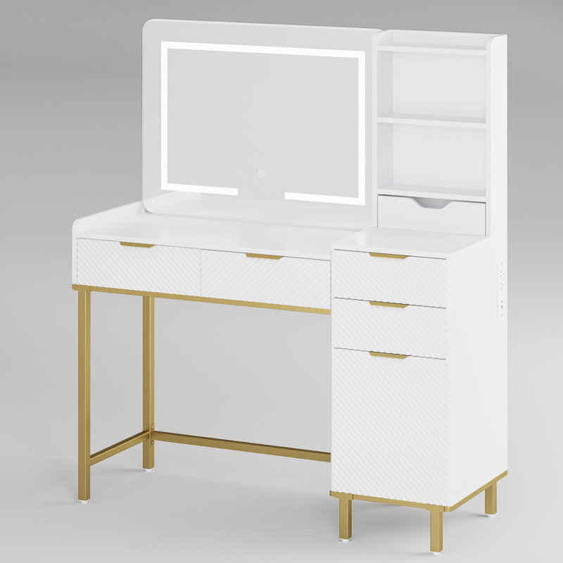 45.3’’L Modern Style Vanity Desk With Mirror, LED Lights And Power Outlet, Bedroom Makeup Vanity Table With Storage Cabinet And 4 Drawers