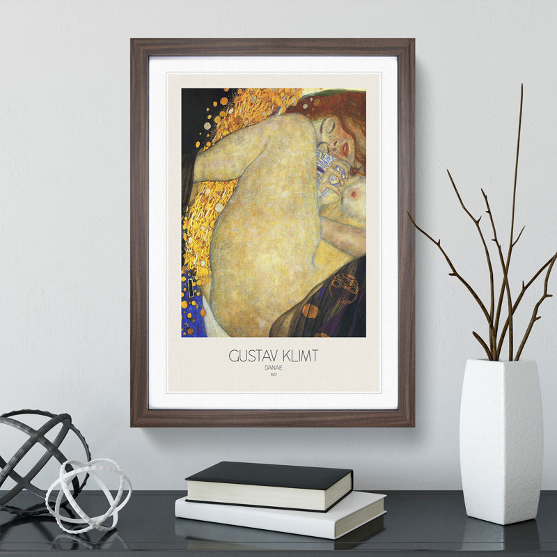 Danae with Border by Gustav Klimt - Picture Frame Painting, Walnut Framed, 36cm H x 27cm W x 2cm D