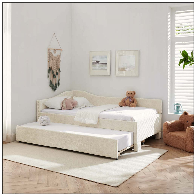 Curved Round Edge Padded Backrest Daybed, Vintage Nailhead Trim Chenille Daybed with Pull-out Trundle and USB Port, Beige