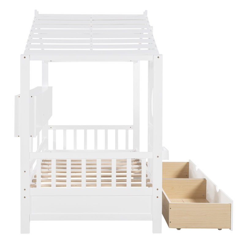 Lit en bois avec 2 tiroirs, lit pour enfant avec tablette de rangement, Twin, Blanc