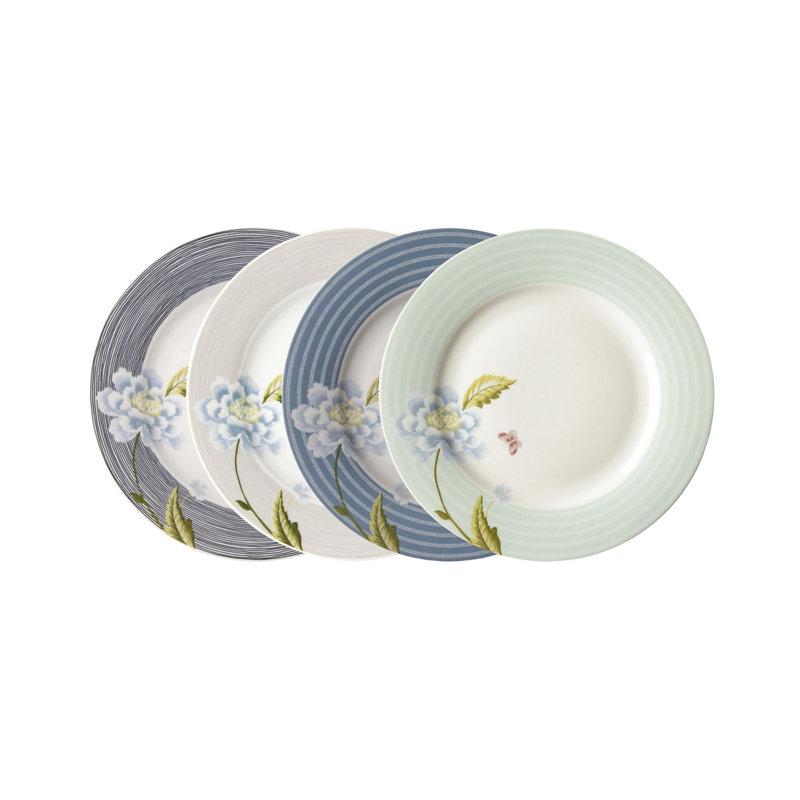 Set of 4 Round Porcelain Salad/Dessert Plates in Mixed Designs
