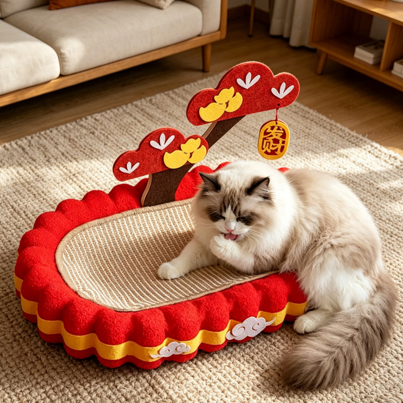 Lit pour chat moelleux en forme de nuage avec surface à gratter et jouet suspendu, chaise longue confortable pour chats d'intérieur