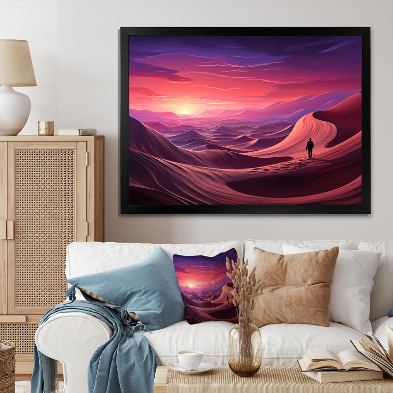«Mauve et rose», homme perdu dans le désert I - Art mural paysages spatiaux, Cadre d'angle fermé noir