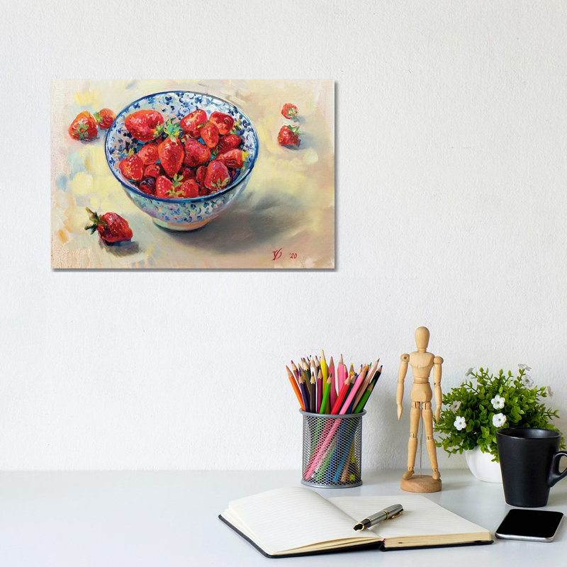 Strawberries In A Blue White Cup by Katharina Valeeva - Wrapped Canvas Painting, 20.32 cm H x 30.48 cm W