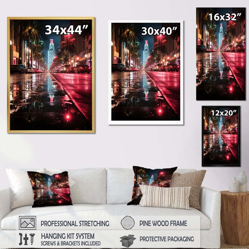 Linis rose noir Miami City of Reflections - imprimé, H 20 po x l 12 po x P 1 po, Cadre photo blanc