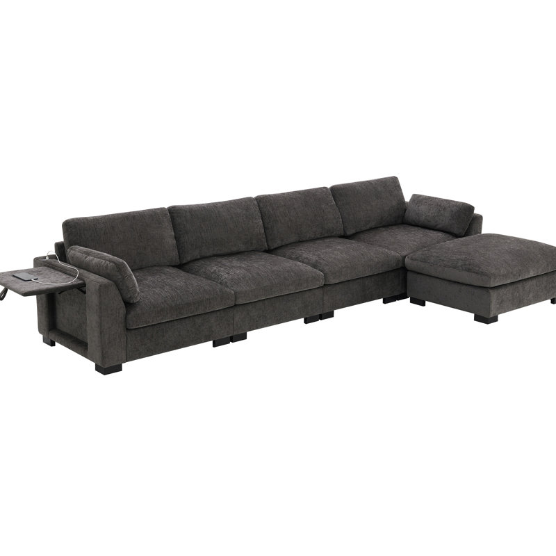 5 Modular Sectional 130", L-Shape, With High Density Foam, Side Storage, Folding Table, Dual Charging, Movement , 2 Armrest Pillows, Chenille, Colours 5 Seat, Storage Pockets,