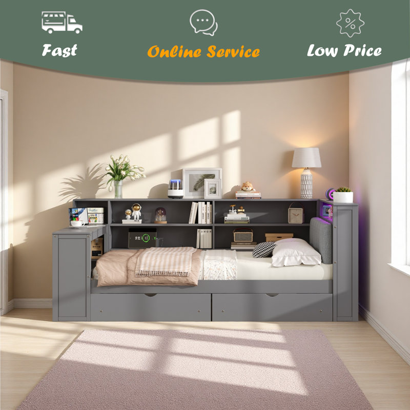 Lit plateforme en bois pleine grandeur avec tablettes de rangement, tiroirs, station de charge, DEL, bureau et tête de lit tapissier