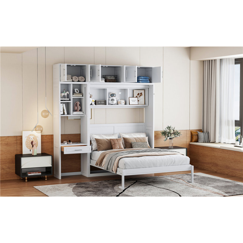 Grand lit escamotable mural avec bureau, armoire supérieure et tablettes de rangement, lit pliable peu encombrant, blanc (OLD SKU: N708S00021K)