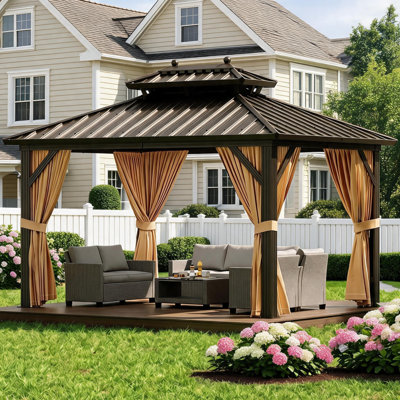 Gazebo rigide de 3,65 m x 3 m avec rideaux et moustiquaire, belvédère permanent d'extérieur avec structure en aluminium et double toit métallique pour cour arrière, pelouse, terrasse et jardin