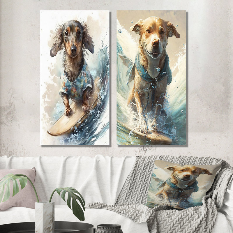 «Dog Surfing», 2 pièces, H 40 po x l 40 po, Toile tendue