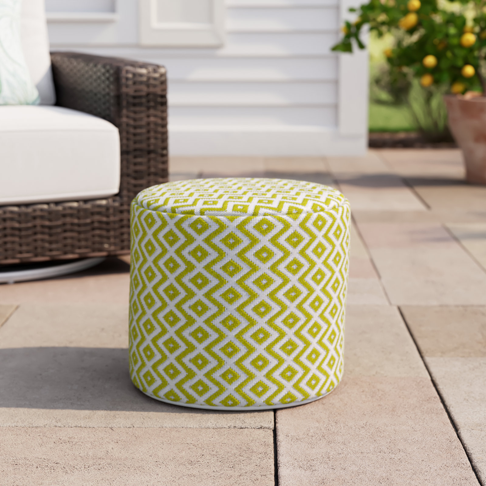 Destina Round Upholstered Outdoor Ottoman, Light Green/Ivory Polyester