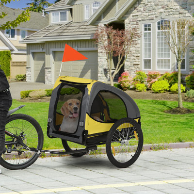 Dog Bike Trailer with Steel Frame and Hitch Coupler, 55" L x 28" W x 32.75" H, Pet Bicycle Wagon with Quick-Release Wheels and Safety Flag for Medium Dogs up to 44 lbs, Yellow, 1 Piece