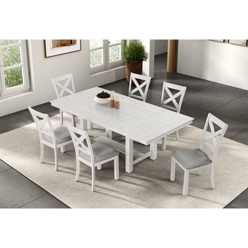 Table de salle à manger rectangulaire transitionnelle en chêne blanc rustique avec structure en bois d'hévéa, rallonge