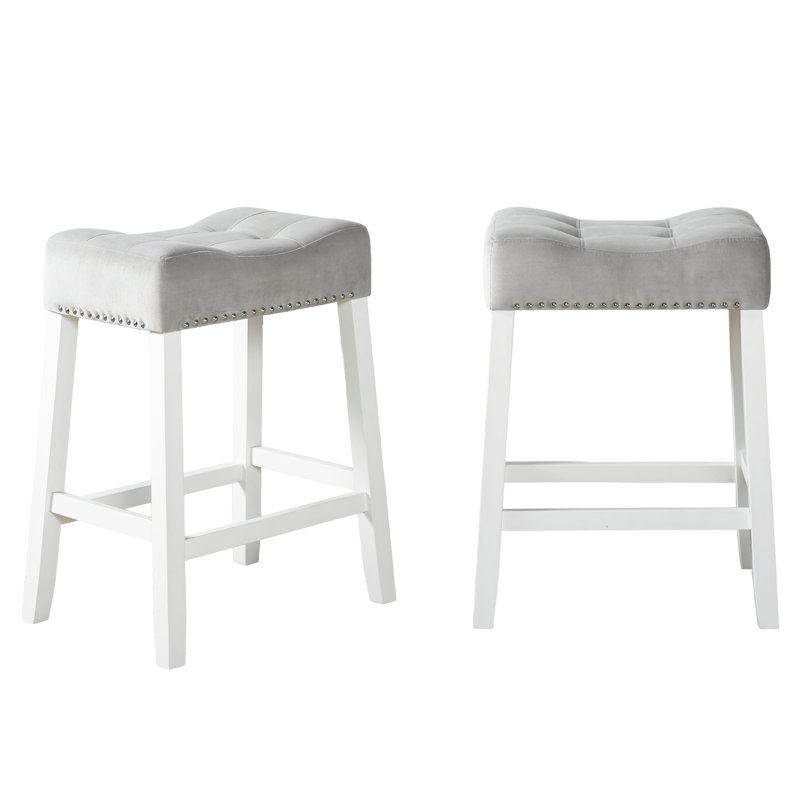 De 2 tabourets, hauteur comptoir, sièges de selle gris, blanc délavé, velours de bois massif, Gris