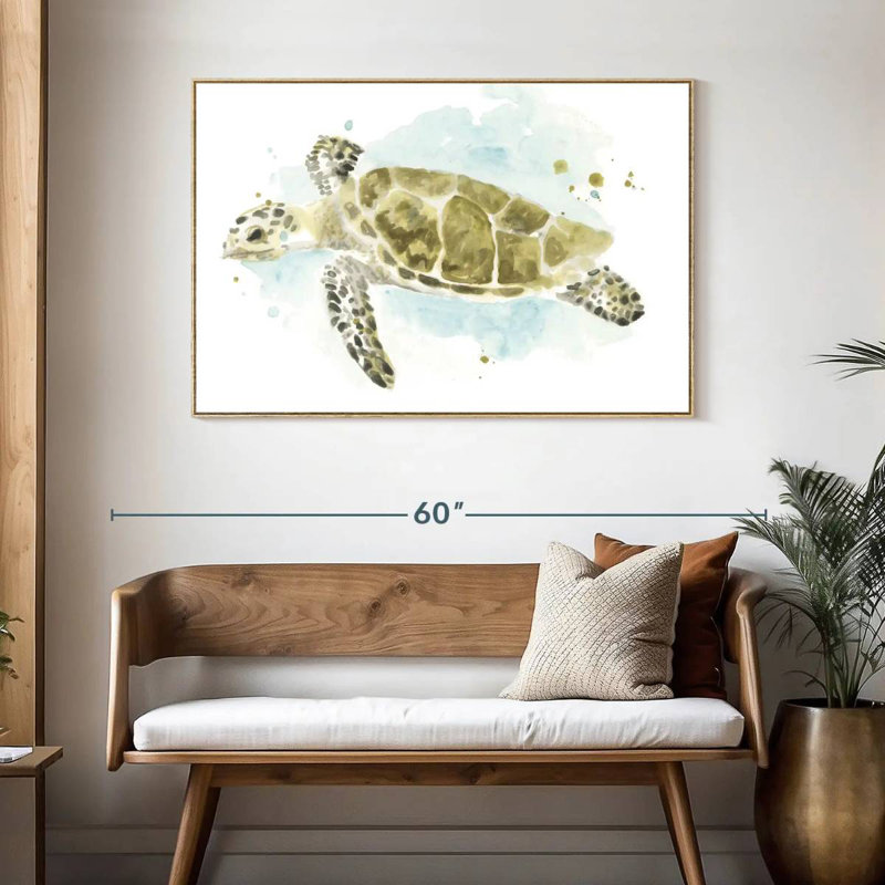 Étude de tortues de mer à l'aquarelle II, Cadre flottant en bois naturel, 46 po x 31 po