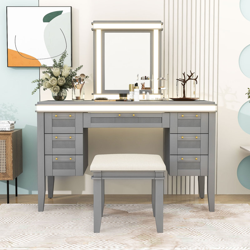 Vanity Desk with LED Mirror, 7 Drawers, Cushioned Stool, Classic Hollow Drawer Design, Gray Blue