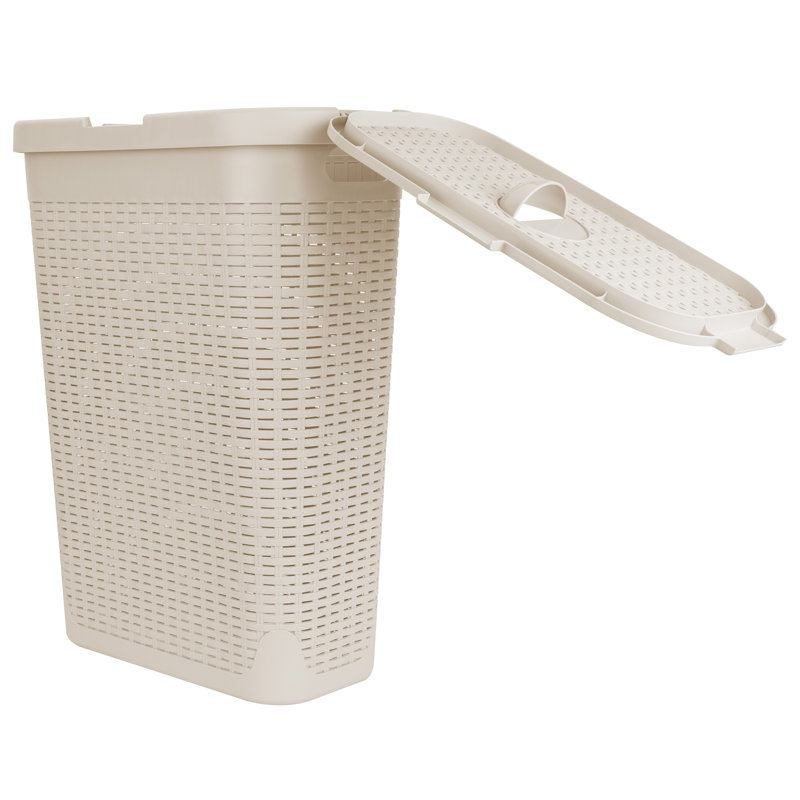  50L Slim Laundry Hamper, Clothes Basket, Lid, Plastic, White, 23.55" H x 14.75" W x 7.15" D