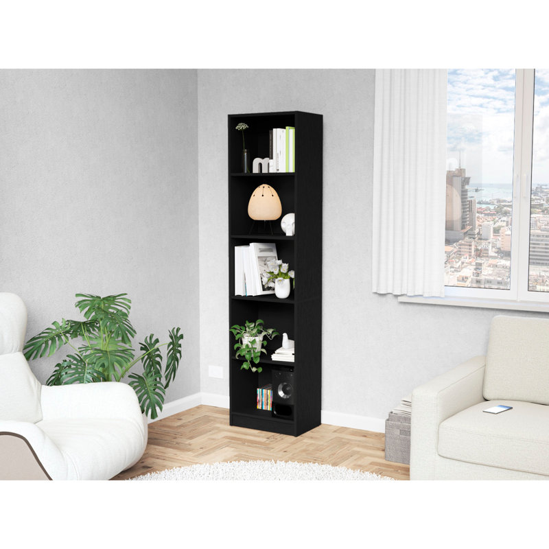 Bibliothèque mince noire à 5 tablettes pour un bureau et un panier de rangement organisé