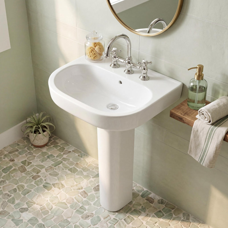 22x17 White Ceramic Pedestal Sink with Overflow, Freestanding Bathroom Washbasin Combo, Deep Basin Vanity for Restroom & Guest Bath, 3 Hole, 8" Widespread