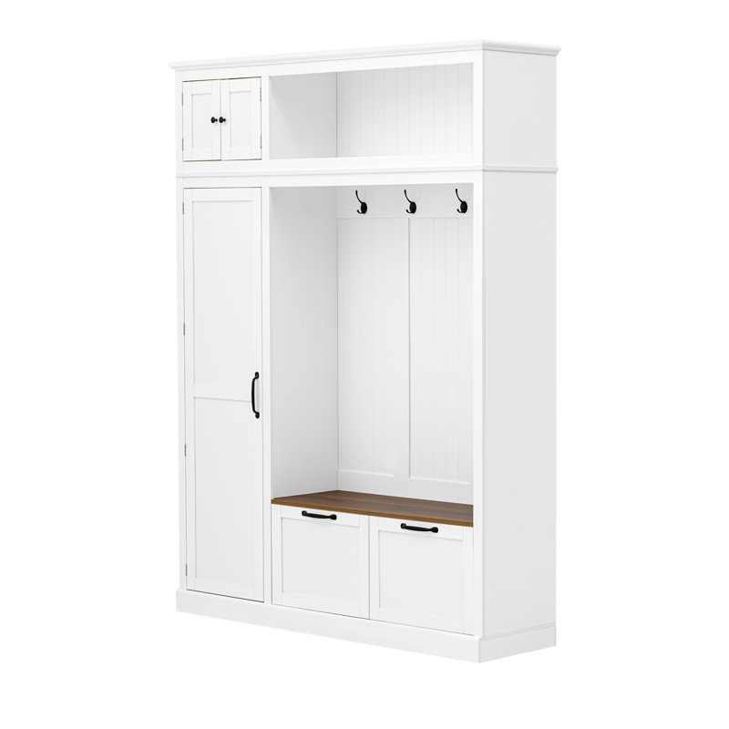 3-in-1 Hall Tree with Overhead Storage Cabinet, 3 Adjustable Side Shelves, 4 Heavy-Duty Hooks, 2 Spacious Drawers, Grooved Back Panel Design, Contrasting Seat Bench