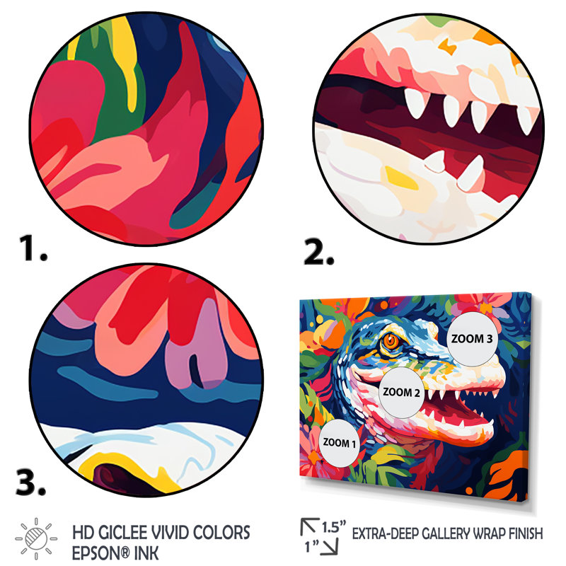 Popart alligator I, art mural crocodile, H 34 po x l 44 po x P 1,5 po, Cadre d'angle fermé noir