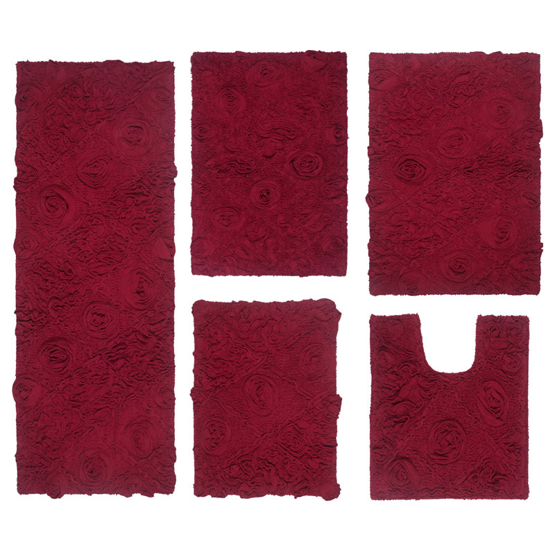 Multiple 100% Cotton Floral Design Bath Rugs (Set of 5), Red