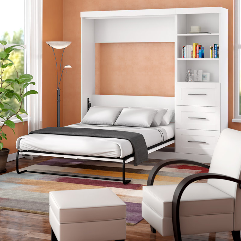 Lit escamotable avec tablettes et tiroirs Arlex, Blanc, Plein