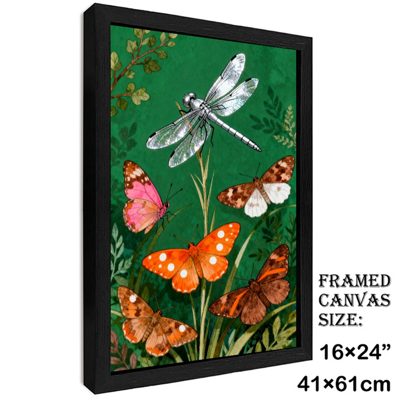 Art encadré noir, plusieurs papillons et une libellule habitent entre des plantes, impressions encadrées de style rétro