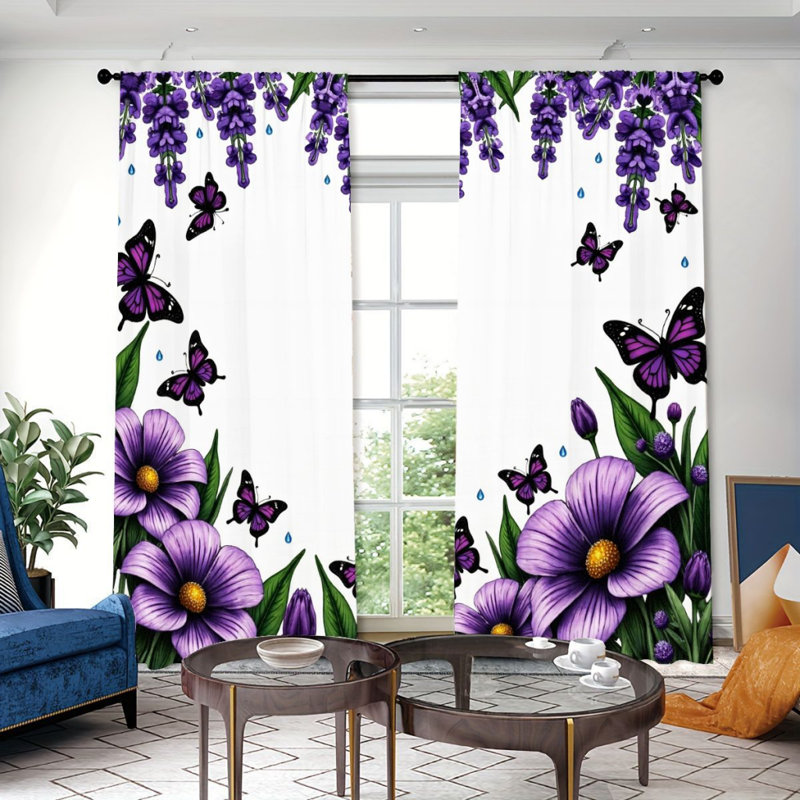 2 pièces de rideaux de fleurs mauves avec papillons, L 21 po x H 46 po x 2 pièces