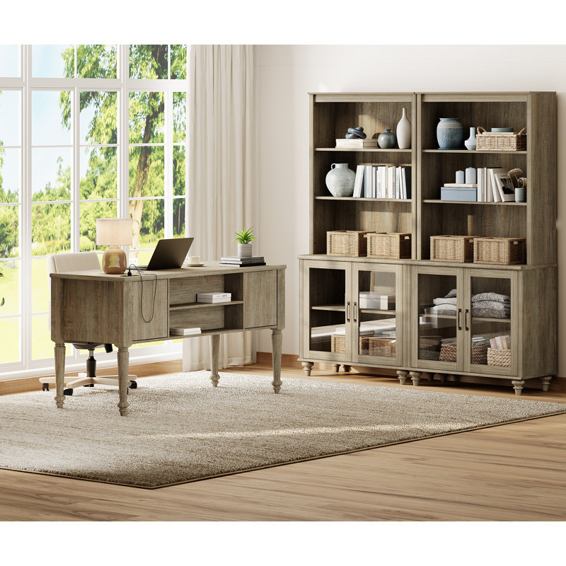 2 Piece Office Set, 56" Executive Desk & Set Of 2 Bookcases With Glass Doors, Oak, Wash Gray
