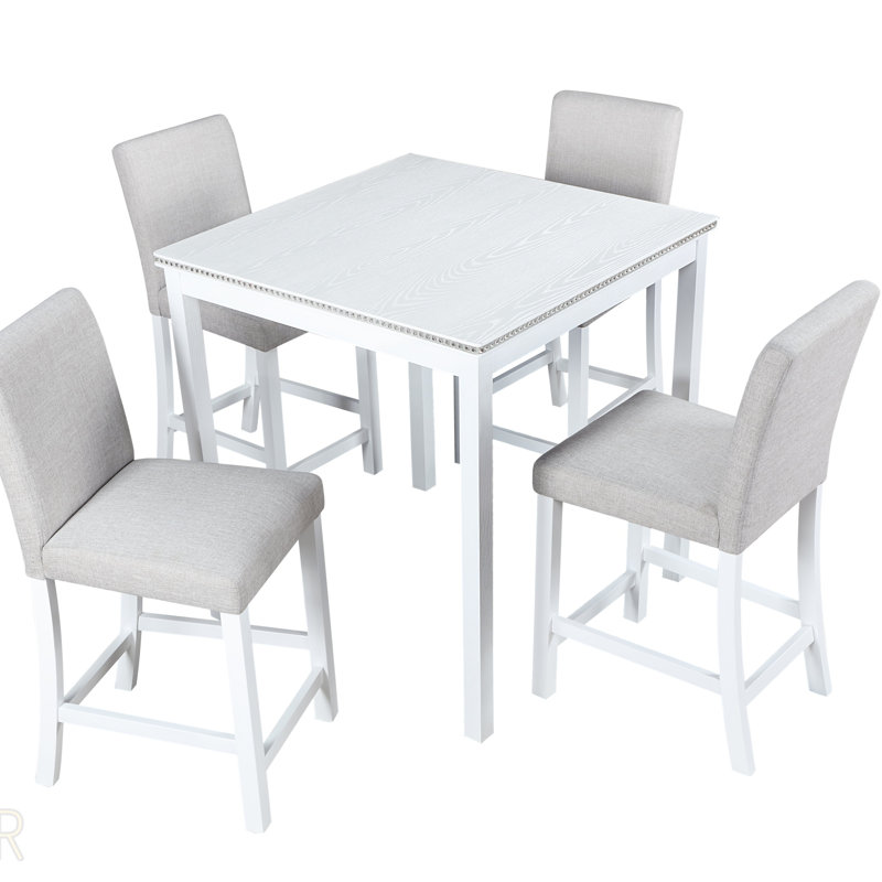 Ensemble de salle à manger 5 pièces à hauteur de comptoir avec table carrée et chaises rembourrées, décor en cristal pour une maison élégante