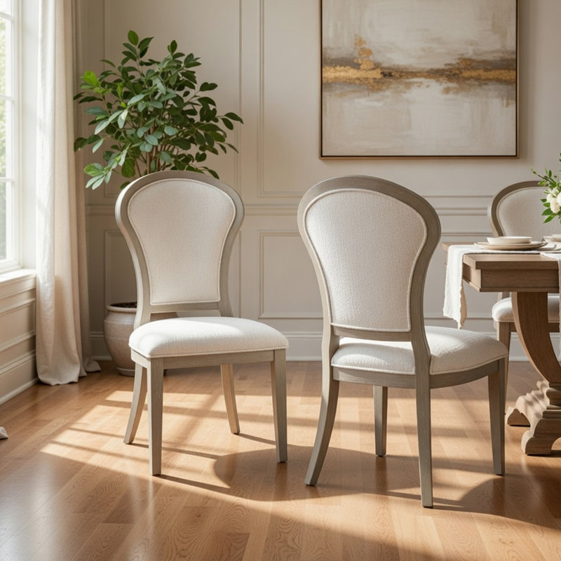 Ensemble de 2 chaises d'appoint Lyne, dossier en sablier, ivoire, taupe cerusé