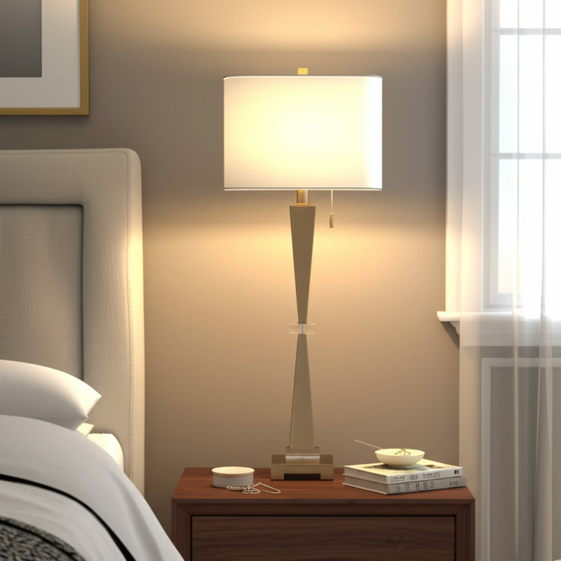 Tapered Tall Metal Table Lamp with Crystal Accents for Living Room - Modern Small Accent Lamp for Bedroom, Bedside or Desk Lighting - 37", Gold & White