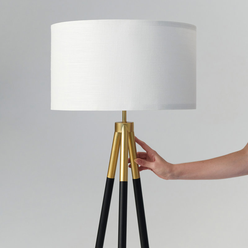 Levi 61 in. Mid-Century Modern LED Energy-Efficient Floor Lamp with Fabric Drum Shade and Metallic Brass Finish