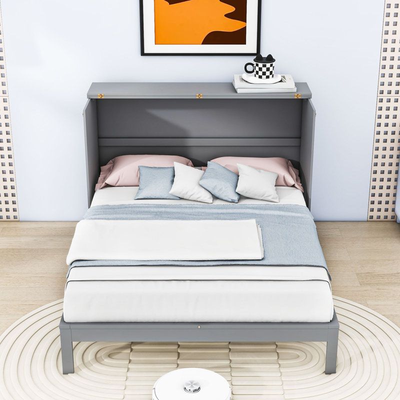 Carlysia Wooden Murphy Bed with Storage Drawers and Built-In Charging Station, Gray, Full / Double