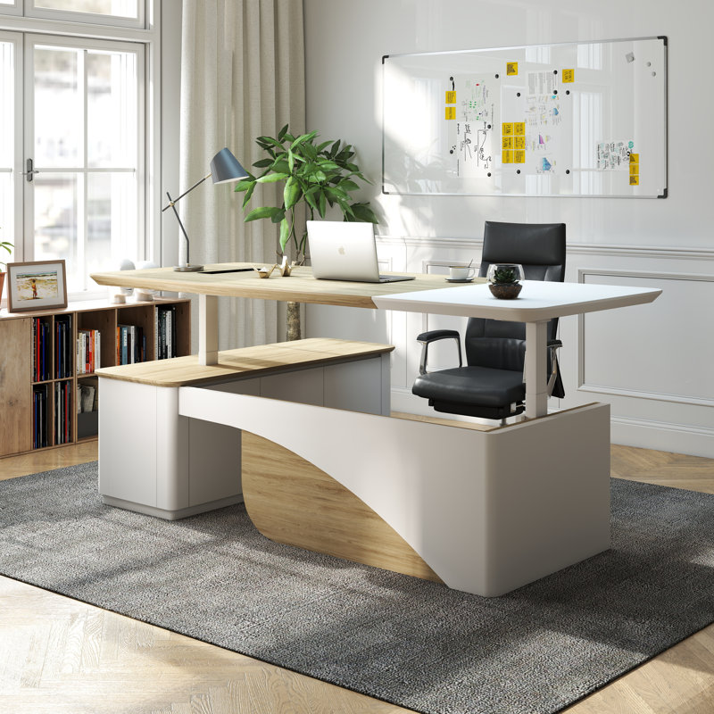 86.6" White Electric Height Adjustable Standing Desk Modern Executive Office Desk for Home and Commercial Use