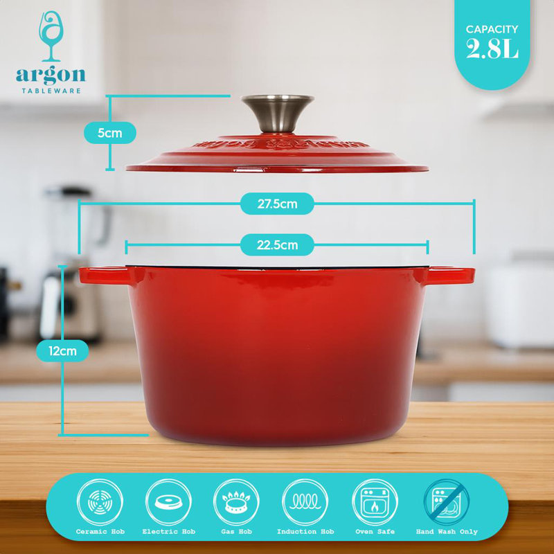 Argon Tableware - Round Cast Iron Casserole Dish - 2.8L, Red