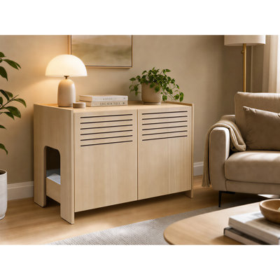 Cat Litter Box Enclosure Hidden Furniture Cabinet with Slatted Doors and Scratching Pad, Wooden Indoor Pet House Side Table, Beige+Brown