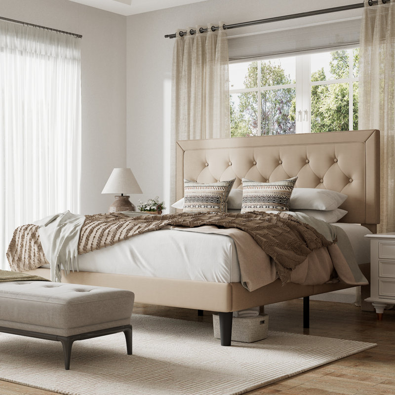 Hegg Linen Tufted Upholstered Platform Bed with Wood Slats Headboard Included, Light Beige, Queen