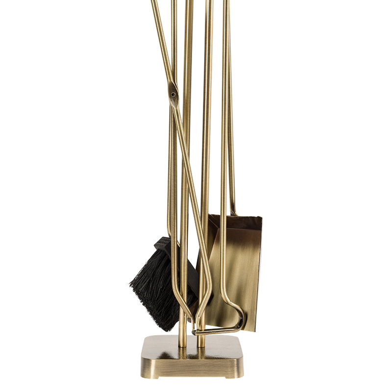 Modern Aged Brass and Maple 5-Piece Fireplace Tool Set