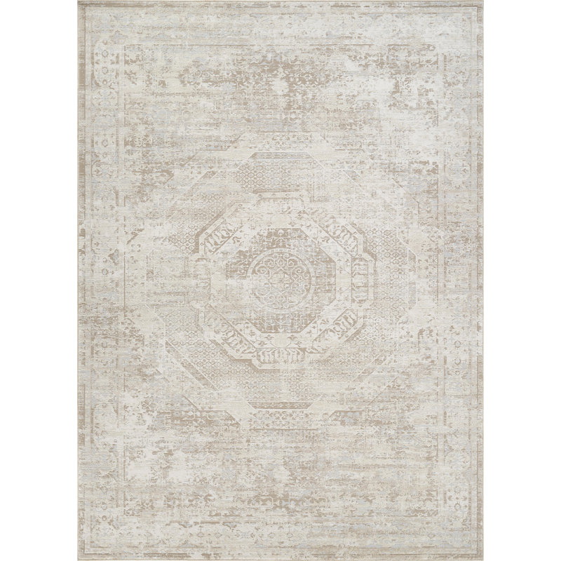Mona Power Loom Polyester Geometric Area Rug in Cream/Taupe, Rectangle 4' x 5'9"